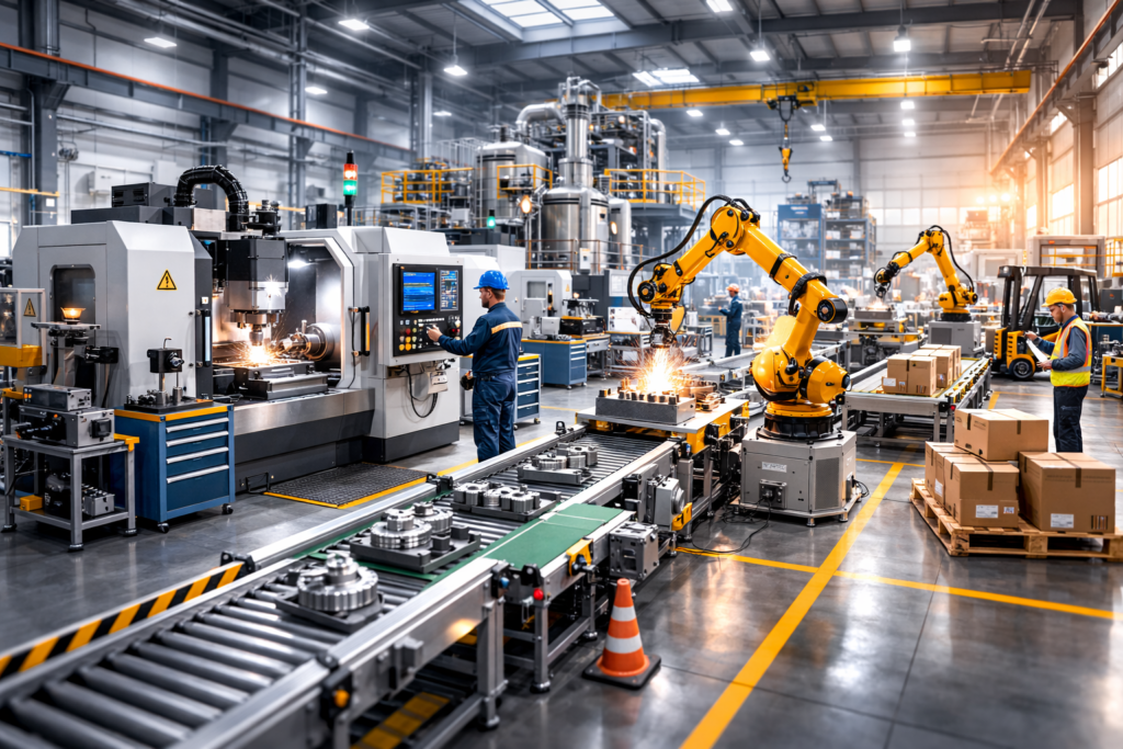 Ligne de production industrielle avec différentes machines utilisées en usine moderne