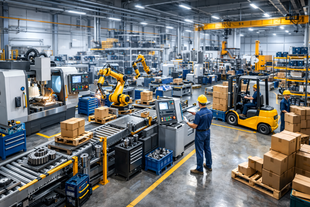 Atelier industriel avec différents équipements utilisés pour la production et la manutention en entreprise.