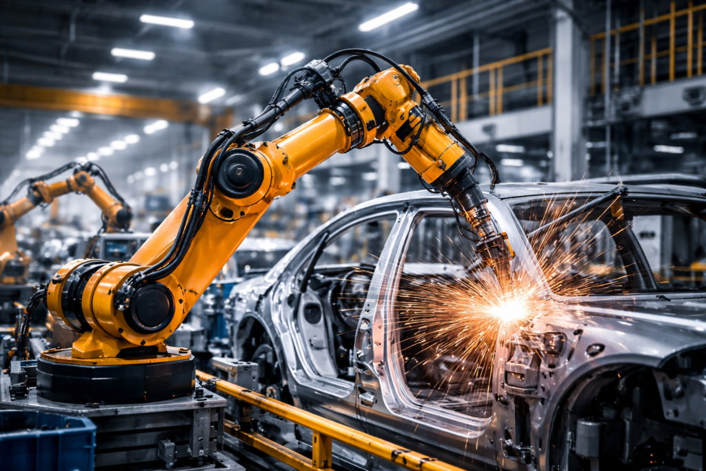 Bras robotisé industriel effectuant une opération de soudure sur une ligne de production automobile.