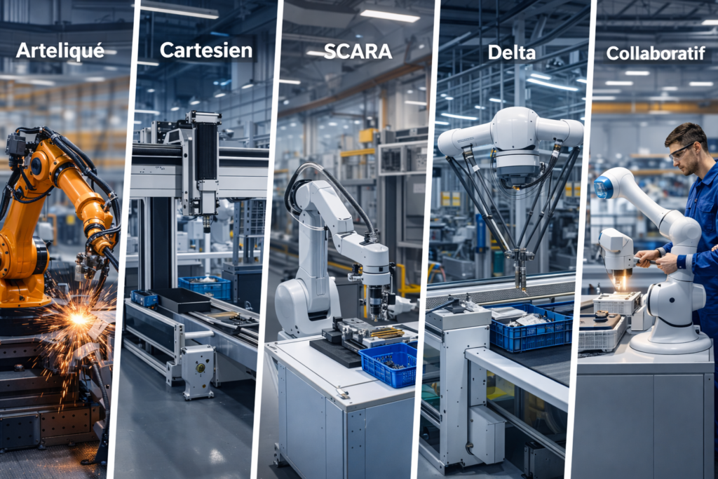Différents types de robots industriels présentés dans un atelier de production moderne.