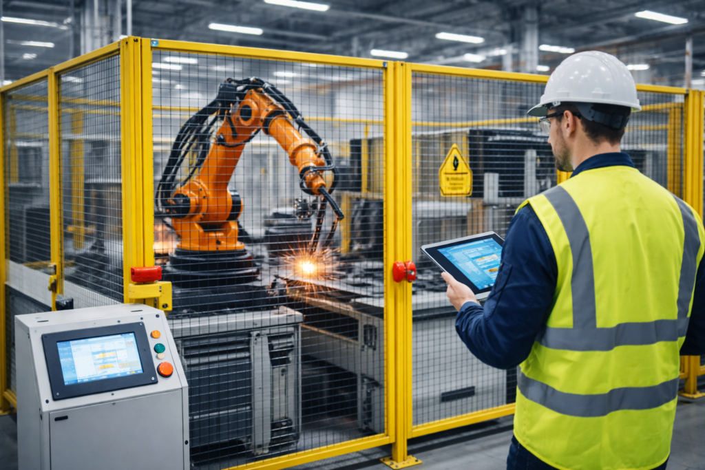 Robot industriel dans une cellule sécurisée avec dispositifs de protection en atelier.