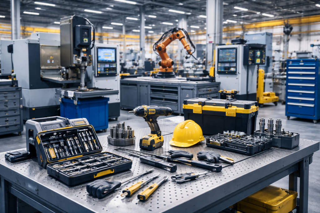 Atelier équipé de matériel industriel et d’outillage professionnel en environnement industriel moderne.