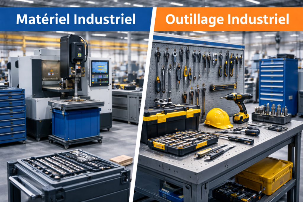 Comparaison visuelle entre matériel industriel et outillage industriel dans un atelier professionnel.