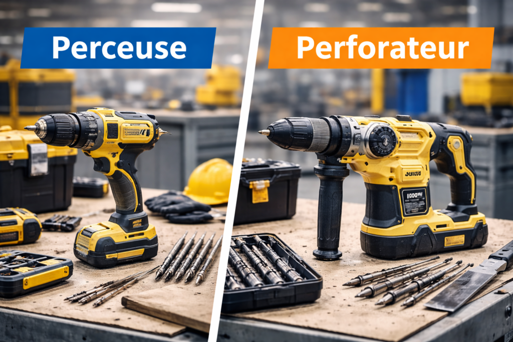 Perceuse professionnelle et perforateur posés sur un établi de chantier avec accessoires.
