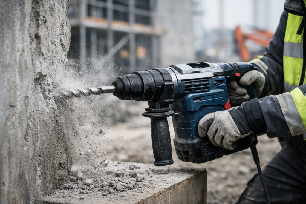 Perforateur industriel puissant en train de percer du béton sur un chantier professionnel.