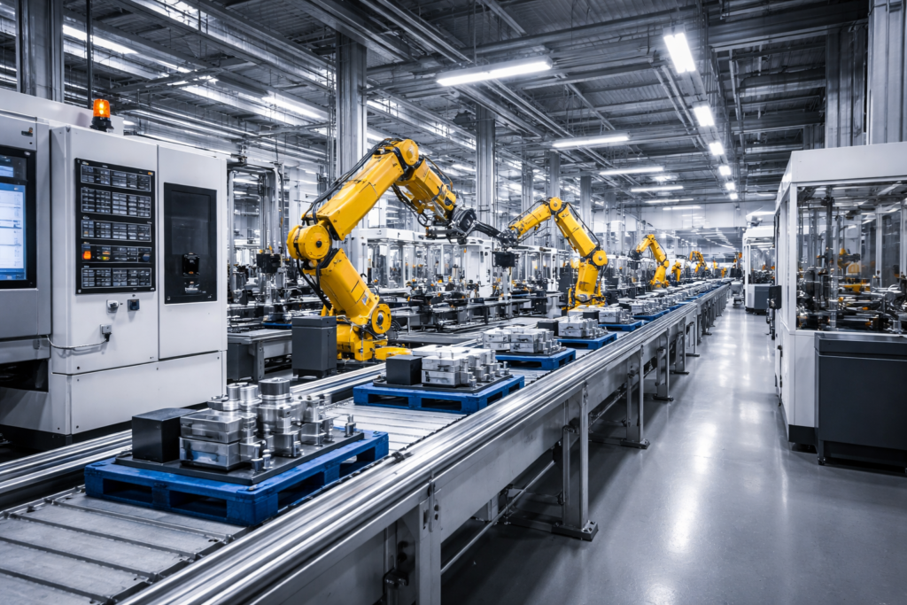 Équipements industriels automatisés sur une chaîne de production en usine.