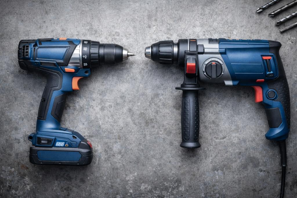 Perceuse professionnelle et perforateur industriel comparés côte à côte