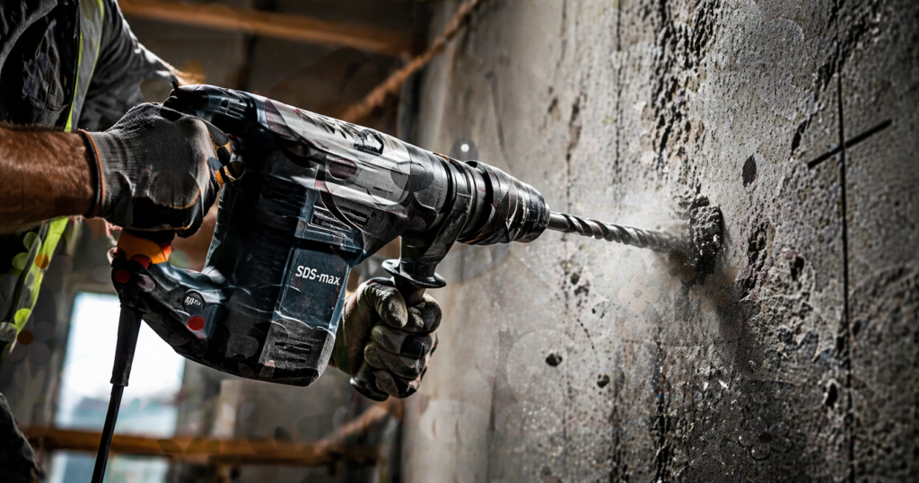 Dimensions : 1200 × 630 px Prompt IA : "Professional editorial photo of a heavy-duty SDS-Max rotary hammer being used on a concrete wall on a construction site, dramatic lighting, dust particles visible, B2B industrial photography style" Nom de fichier : perforateur-le-plus-puissant-comparatif.webp Texte ALT : Perforateur industriel haute puissance utilisé sur chantier
