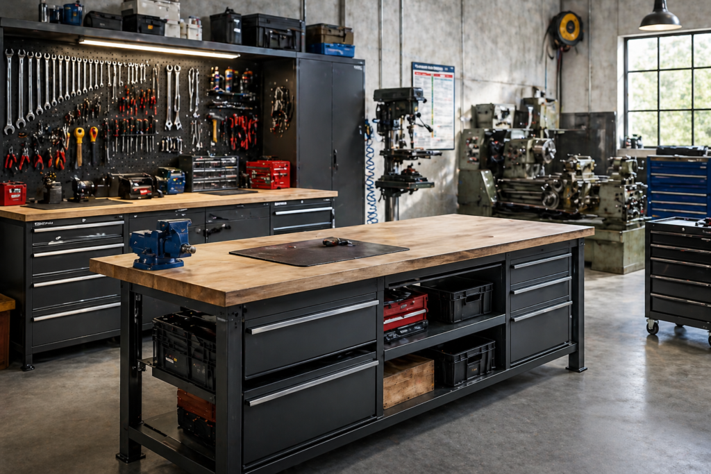 Image : equipements-indispensables-atelier-professionnel-liste.webp ALT : Atelier professionnel bien équipé avec établi, outillage organisé et machines industrielles