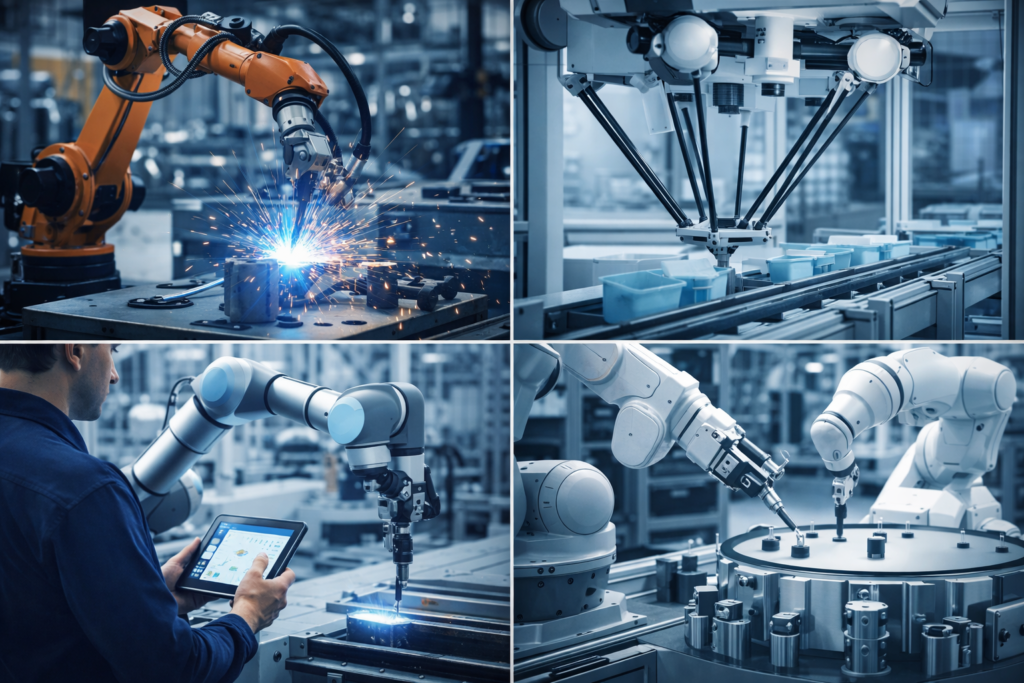 Dimensions : 1200 × 630 px Prompt IA : "Realistic editorial photo collage showing different types of industrial robots: welding robot, delta robot, collaborative robot working alongside human operator, assembly robot, professional B2B style, cool blue and grey tones" Nom de fichier : quels-sont-les-robots-industriels-exemples.webp Texte ALT : Différents robots industriels utilisés dans l'industrie manufacturière