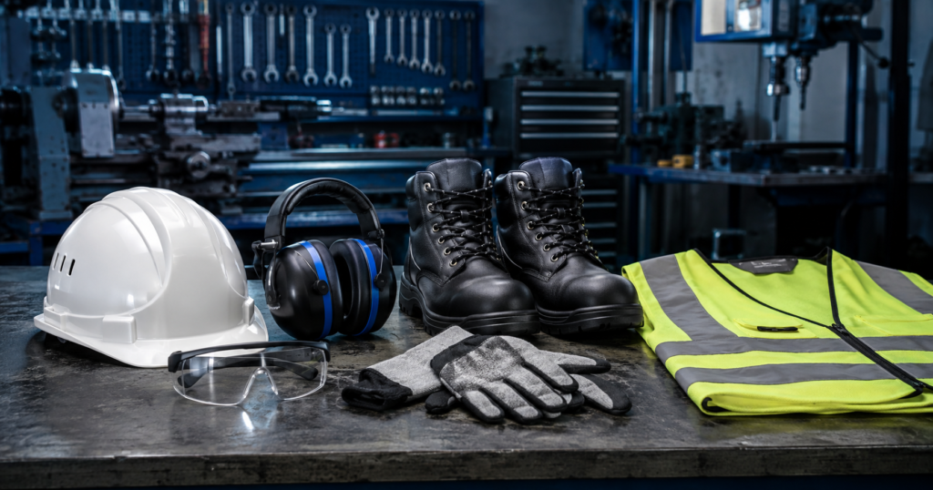 Équipement de protection individuelle complet posé sur un établi en atelier
